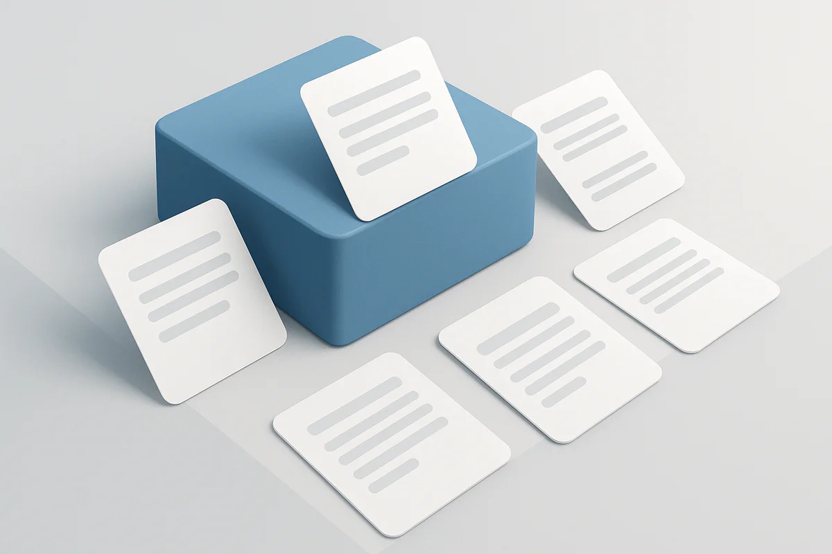 Abstract illustration showing transformation from chaotic scattered elements to structured, layered marketing and sales strategy modules symbolizing clarity and actionable workflows.