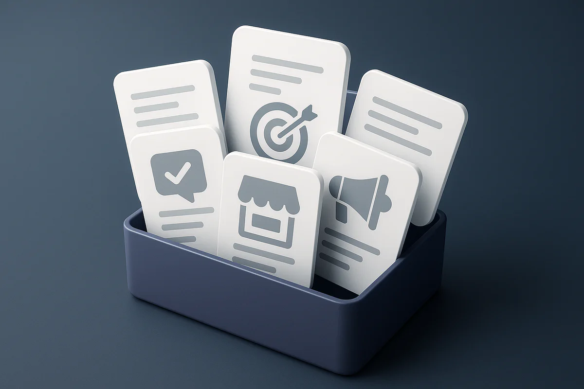 Abstraktes Bild, das den Wandel von chaotischen zu strukturierten Marketingtexten symbolisiert, mit geordneten Dokumentenstapeln und klaren Linien in einem modernen Digitalstil.