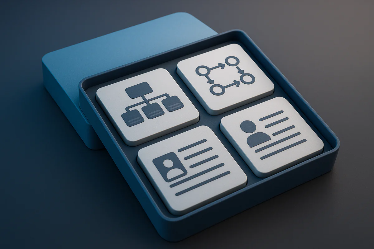Abstract transformation from chaotic to structured UX and product design workflows symbolized by organized layers and modules.