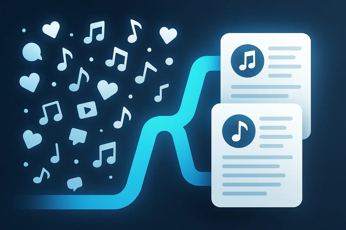 Symbolische Darstellung der Transformation von unklaren Musik- und Social-Media-Ideen zu klaren, strukturierten Ergebnissen in Musikmarketing