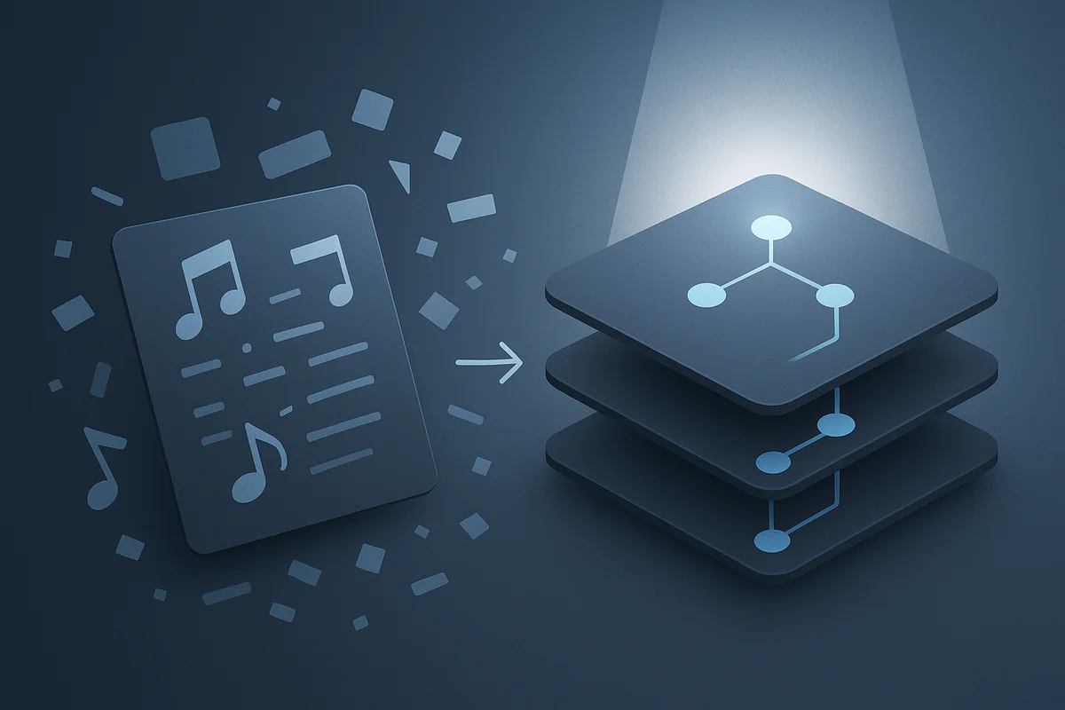 Abstract transformation from chaotic music elements to a structured marketing strategy with digital layers and focused light