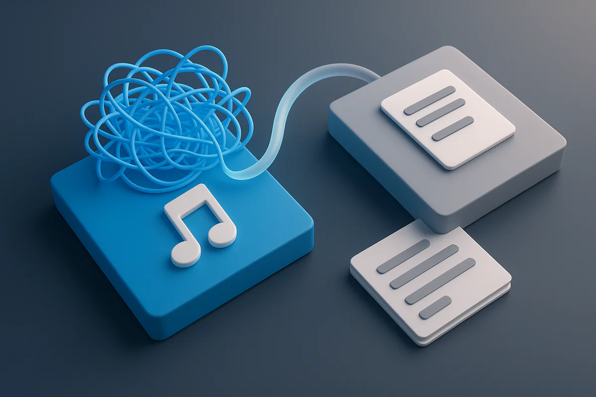 Representación abstracta de la transformación de caos a orden en la promoción musical, mostrando flujo organizado y claridad estratégica.