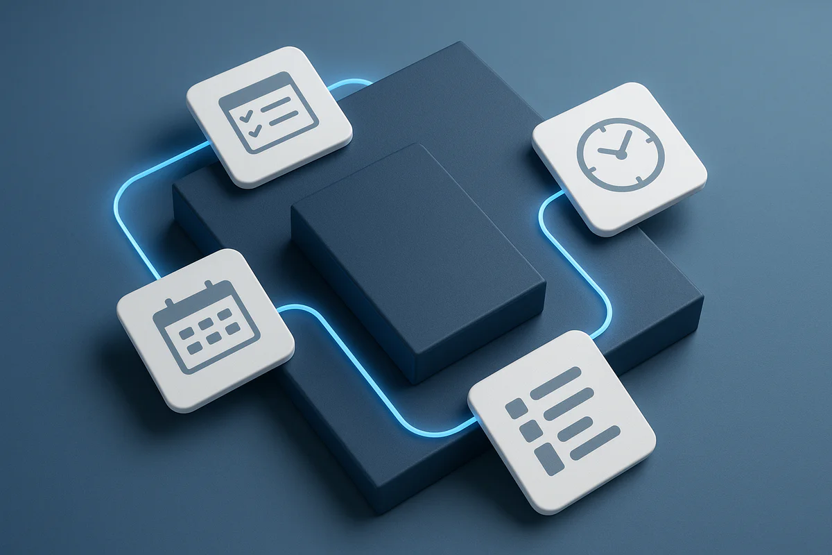 Abstract isometric illustration showing transformation from chaotic task elements to structured, layered productivity plans symbolizing clarity and execution.