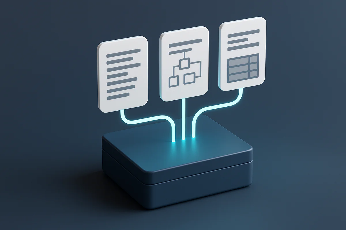 Abstract visualization of chaotic technical data transforming into structured, layered workflows symbolizing clarity and control in technical processes.