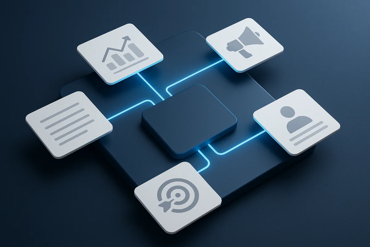 Abstract visualization of marketing data transforming from chaos to structured clarity symbolizing optimized campaign management.