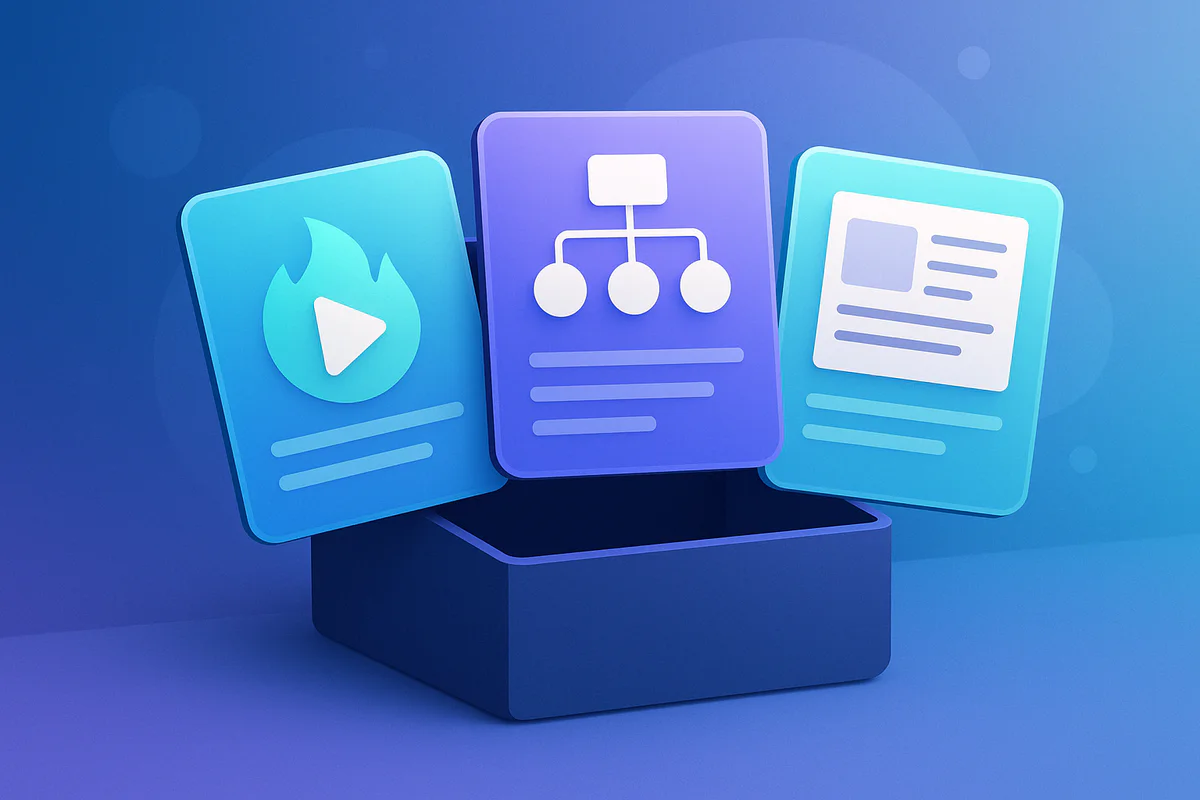Abstract transformation from chaotic social media ideas to structured, effective content with layered digital modules symbolizing viral hooks, experiments, and posts.