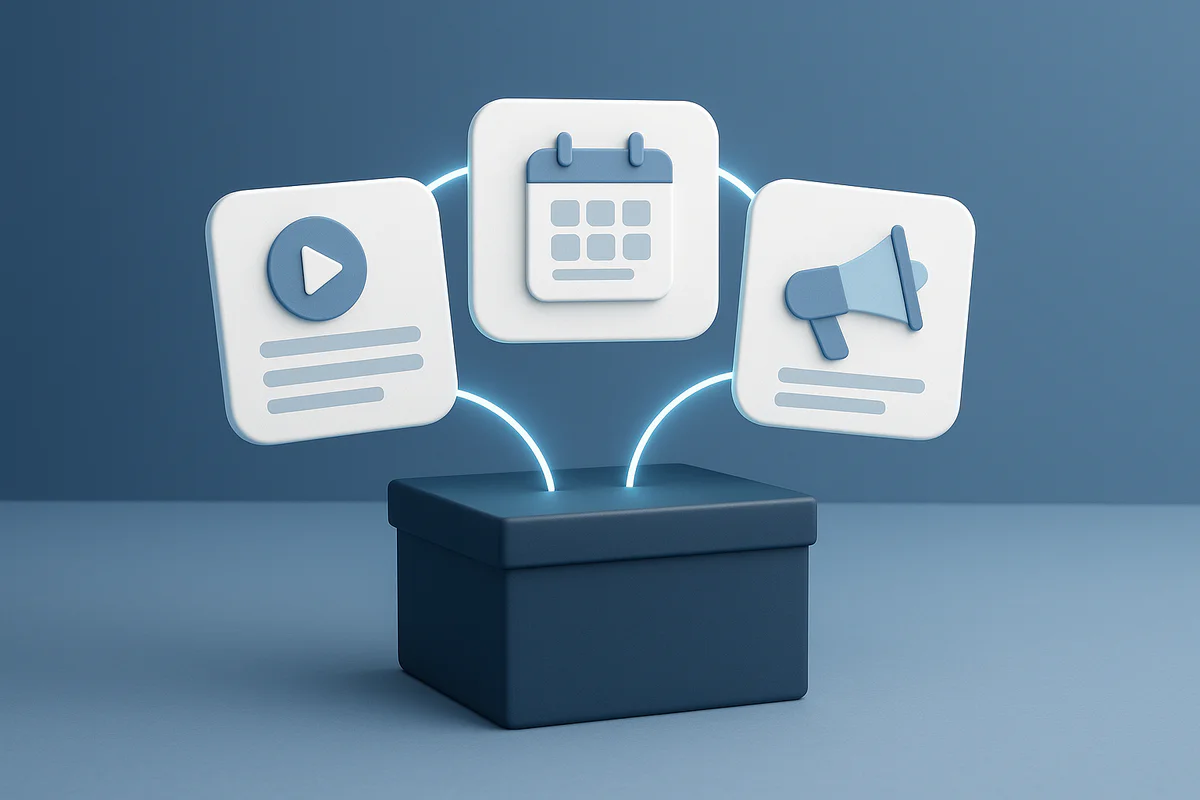 Representación abstracta de la transformación de ideas caóticas en contenido organizado para redes sociales, simbolizando claridad y profesionalismo.