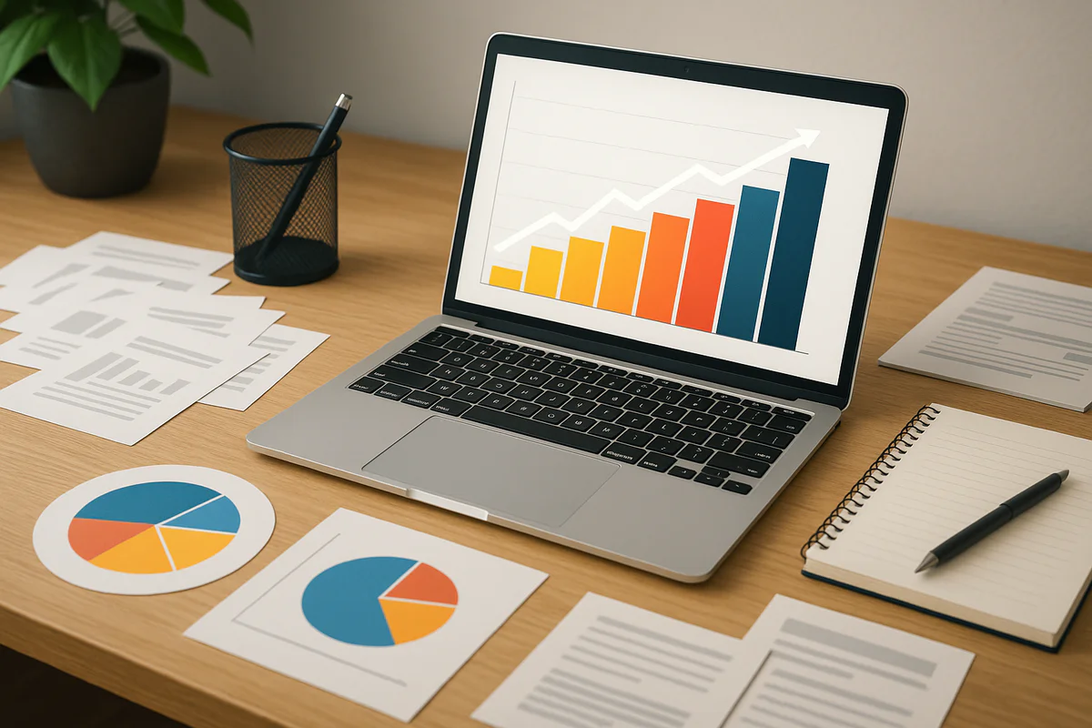 Moderner Arbeitsplatz mit Laptop und Marketingdiagrammen