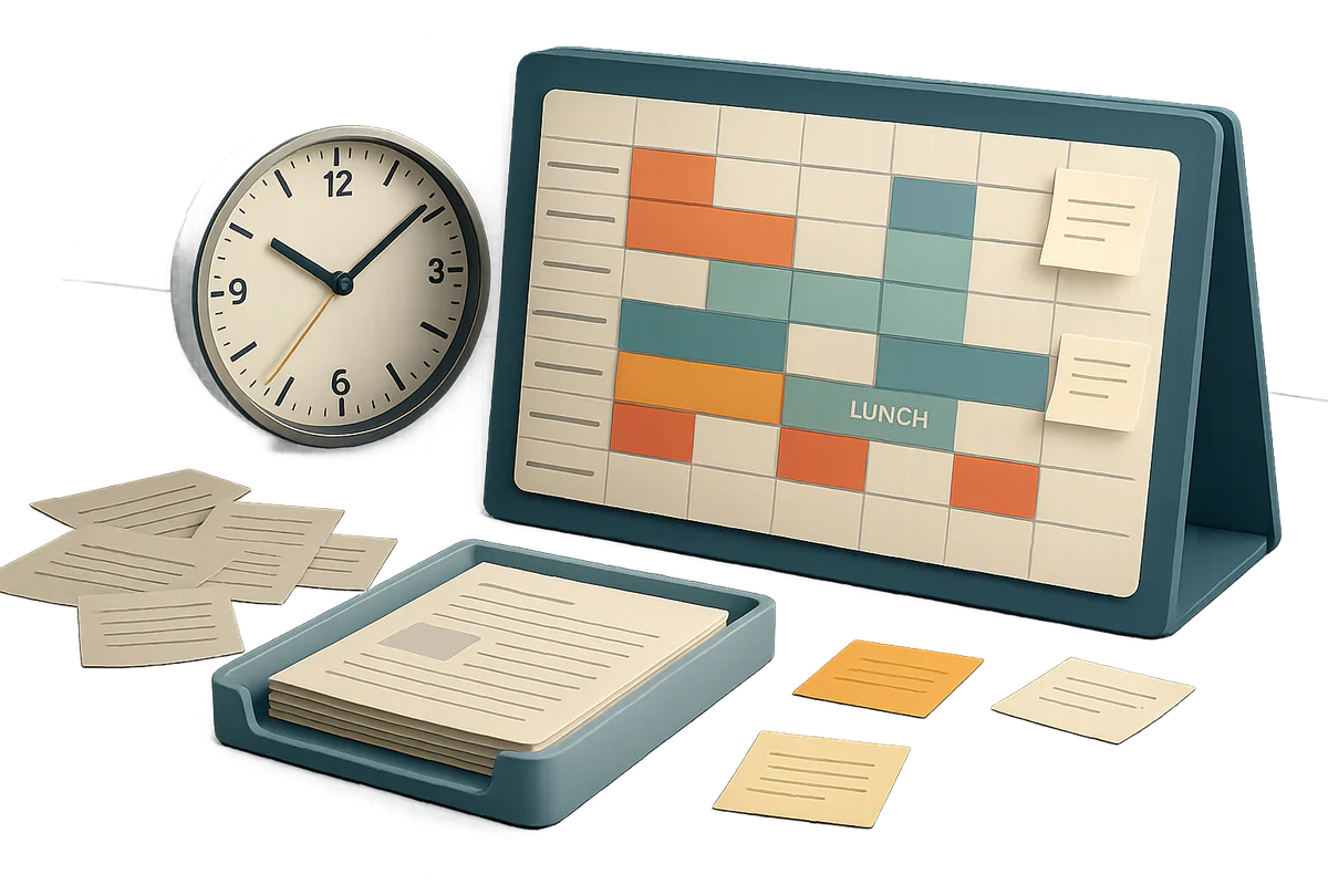Kalender mit Zeitblöcken und Uhr symbolisiert Tagesplanung