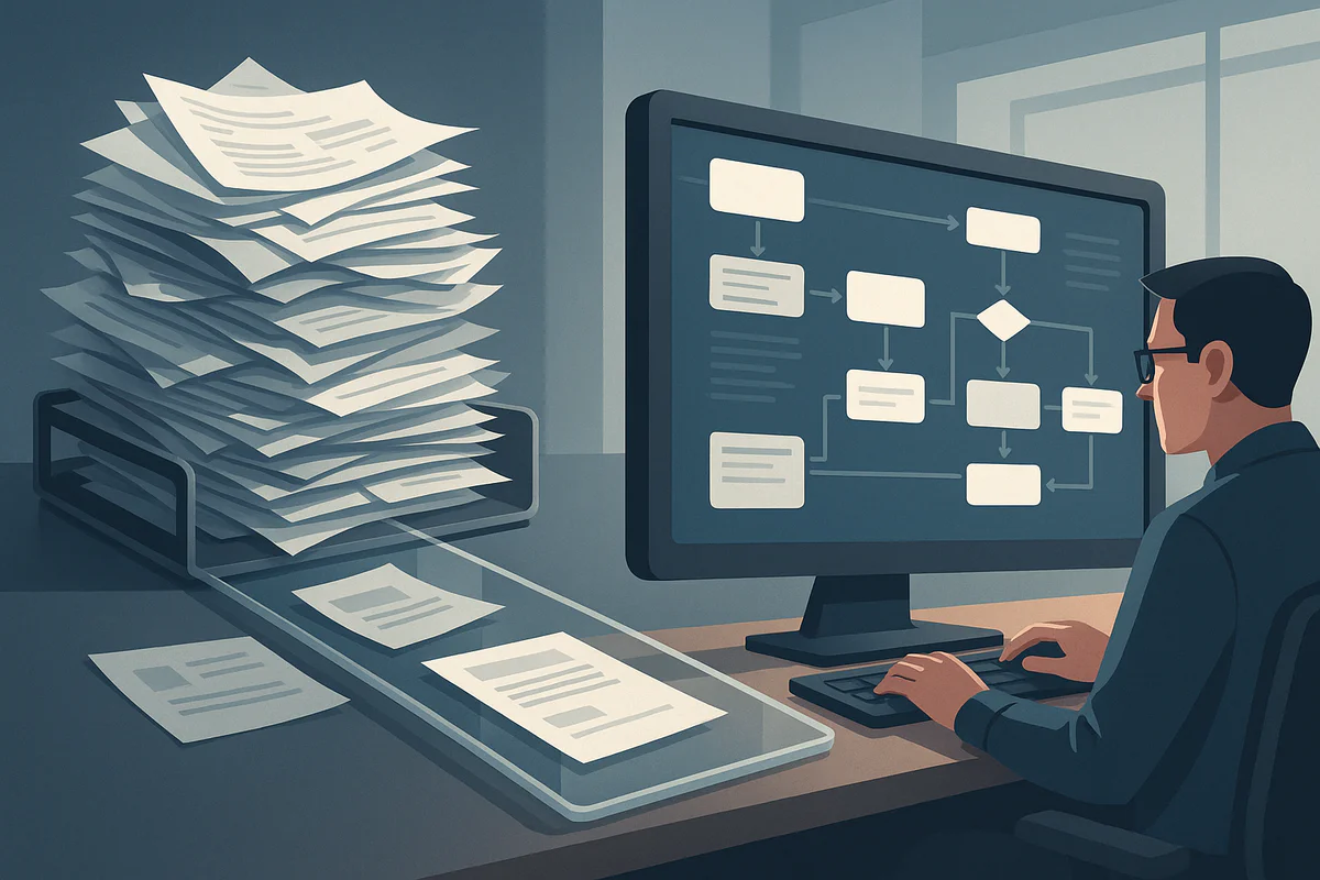Digitaler Prozess-Engineer analysiert Workflow am Bildschirm