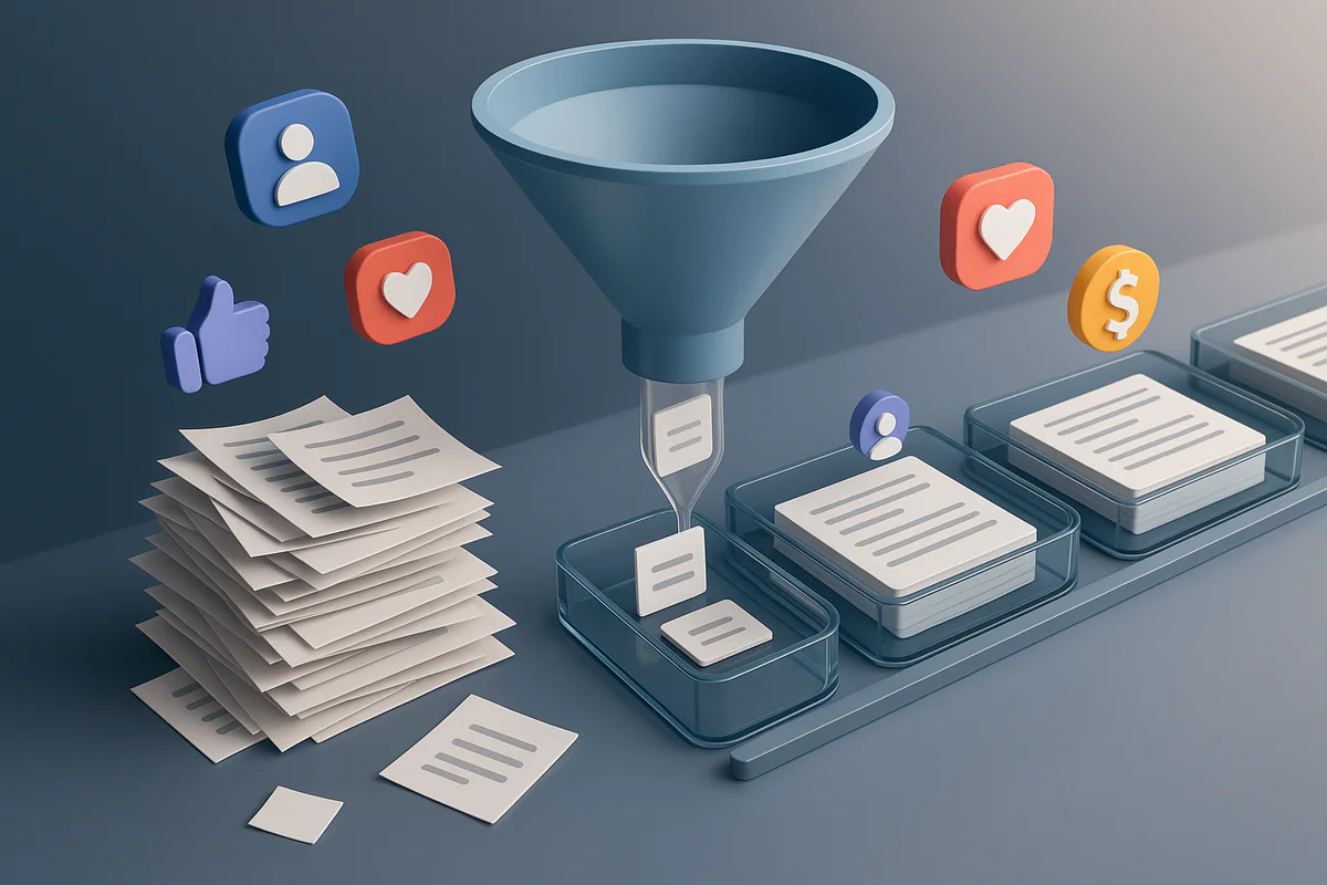 Grafische Darstellung eines Social Media Funnels mit mehreren Stufen und Icons
