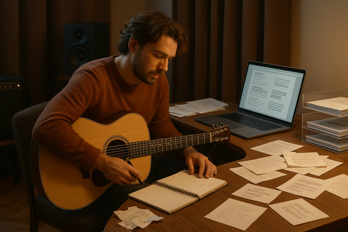 Musiker im Studio mit Gitarre und Notizen