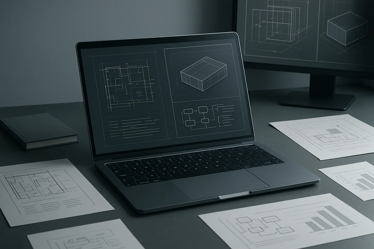 Moderner Arbeitsplatz mit Laptop und technischen Diagrammen