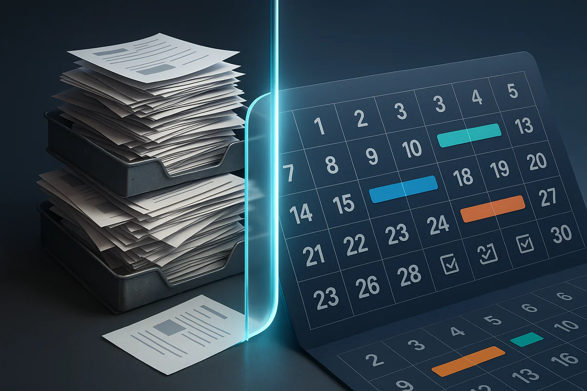 Moderner Kalender mit farblich markierten Terminen und Checklisten-Symbolen