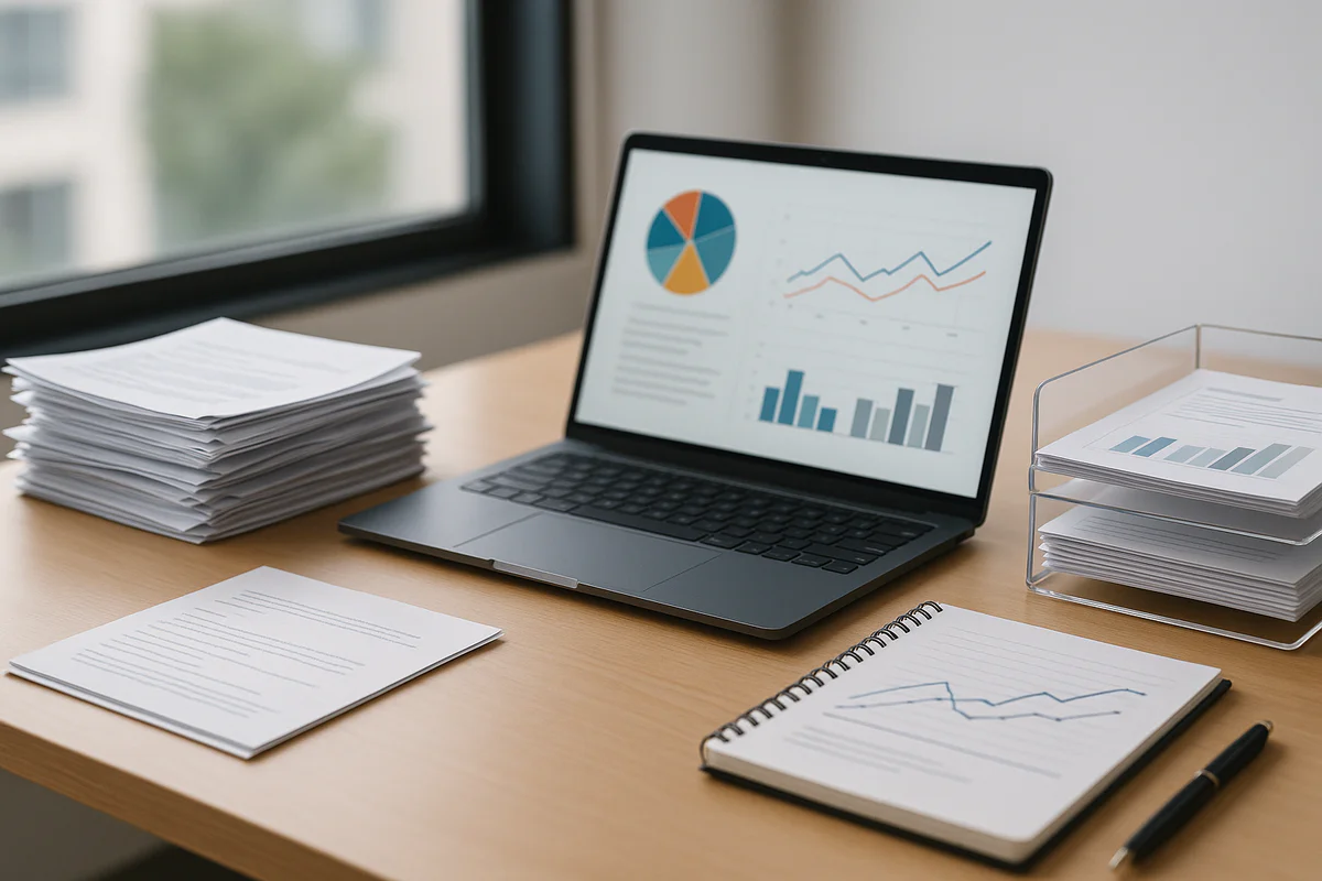 Moderner Arbeitsplatz mit Laptop und Geschäftsanalyse-Diagrammen