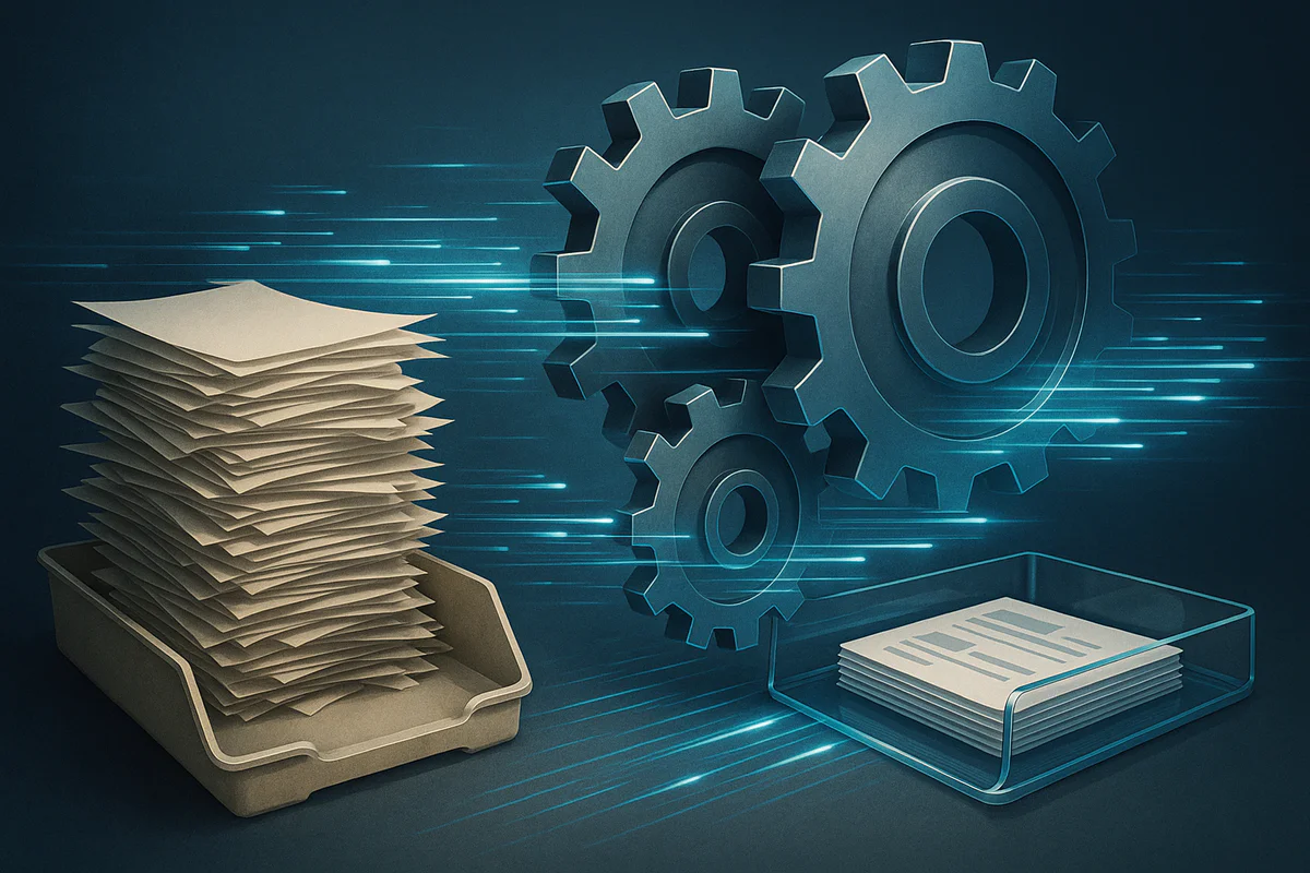 Symbolische Darstellung eines automatisierten digitalen Workflows mit Zahnrädern und Datenflüssen