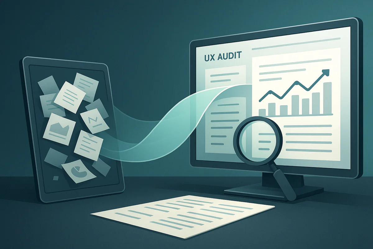 Illustration eines UX-Auditors bei der Analyse eines digitalen Screens mit Checklisten und Diagrammen