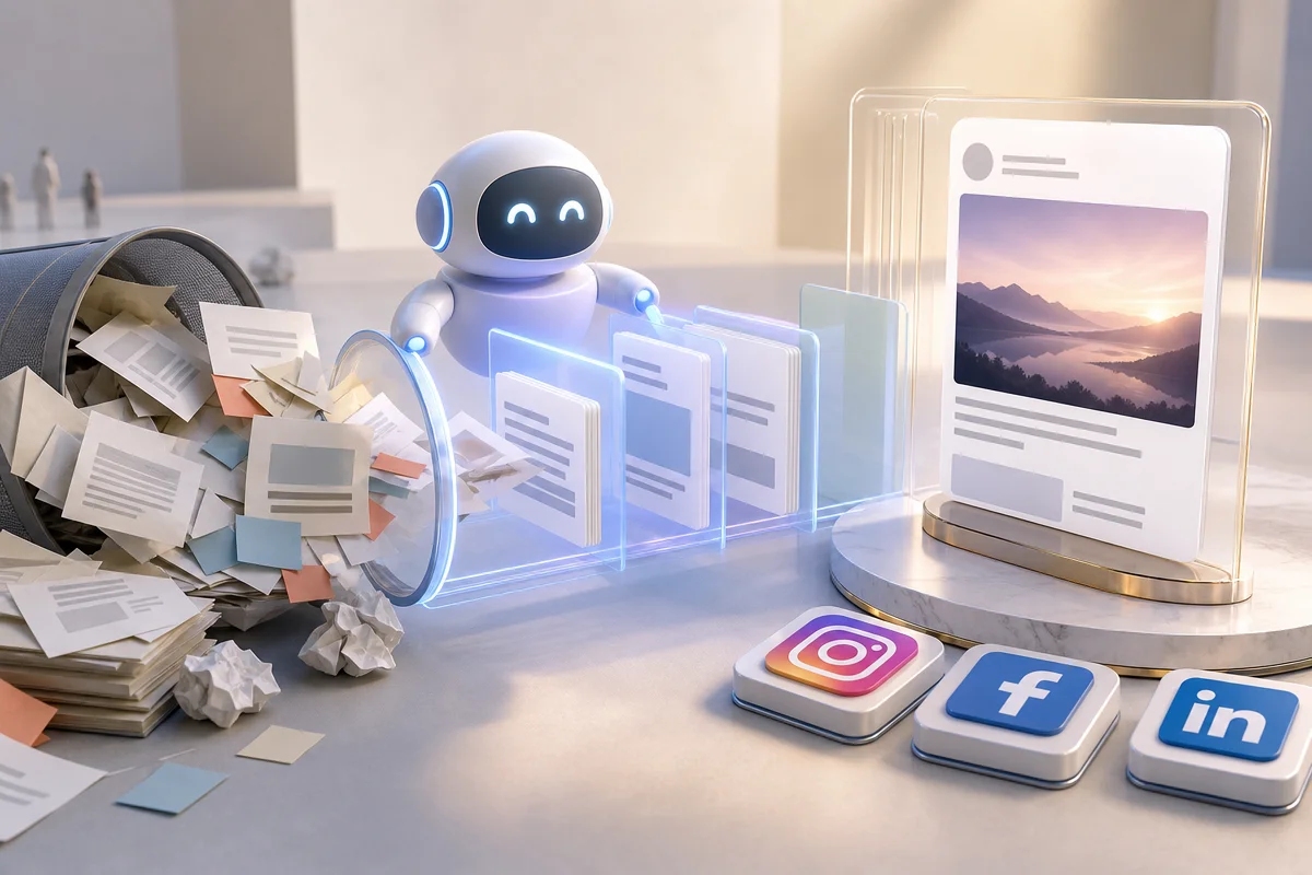 Illustration eines KI-Assistenten, der bei Social-Media-Post-Erstellung unterstützt