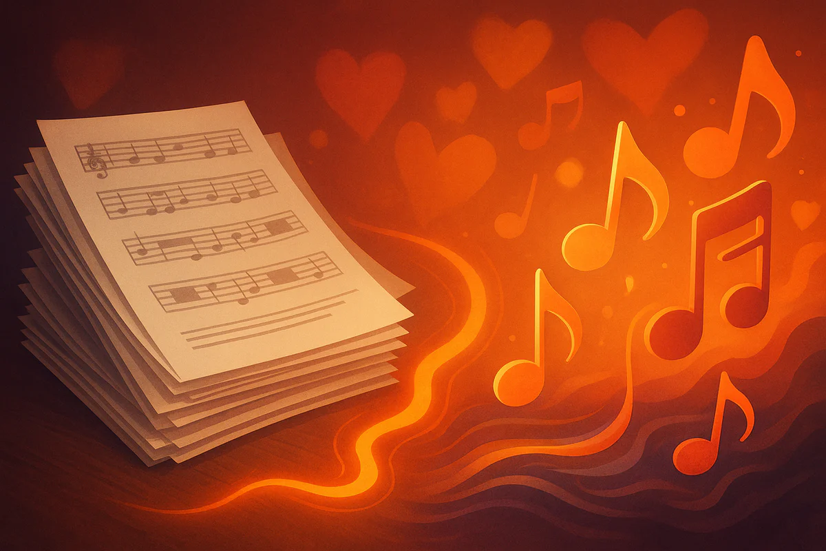 Abstrakte Musiknoten und Emotionen in warmen Farben