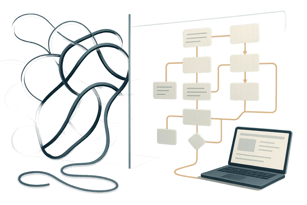 Illustration eines UX-Analyseprozesses mit Flussdiagramm und Nutzer am Laptop