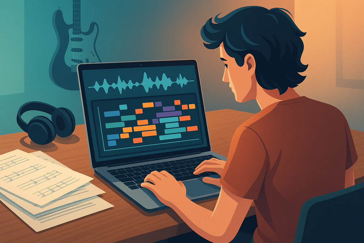 Musiker analysiert Songstruktur am Laptop