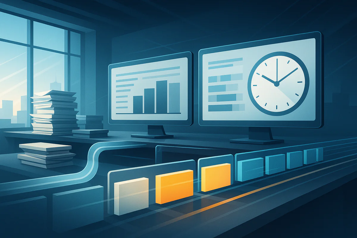 Moderne Büroarbeit mit digitalen Zeitmanagement-Tools und Datenanalyse
