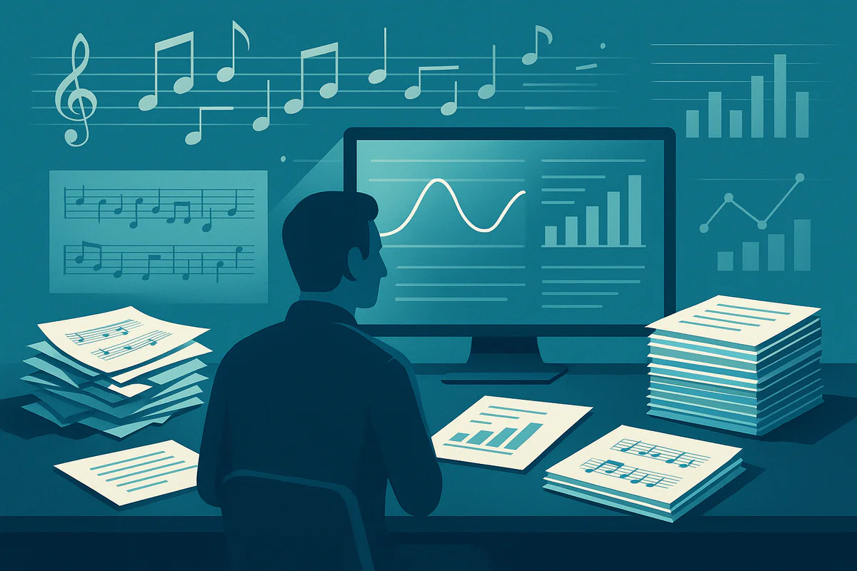 Abstrakte Illustration eines Musik-Experten bei der Analyse von Musikdaten