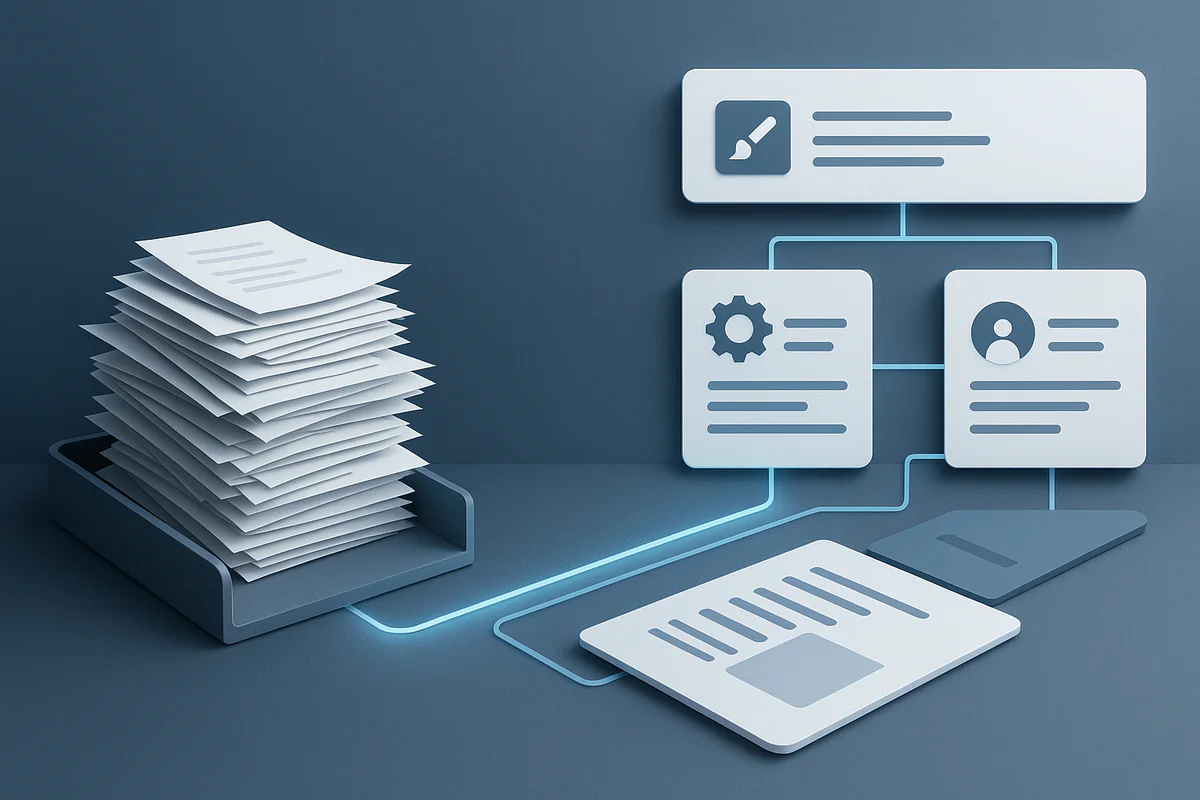 Grafische Darstellung eines digitalen Umsetzungsplans mit verschiedenen Teamrollen und Arbeitsschritten