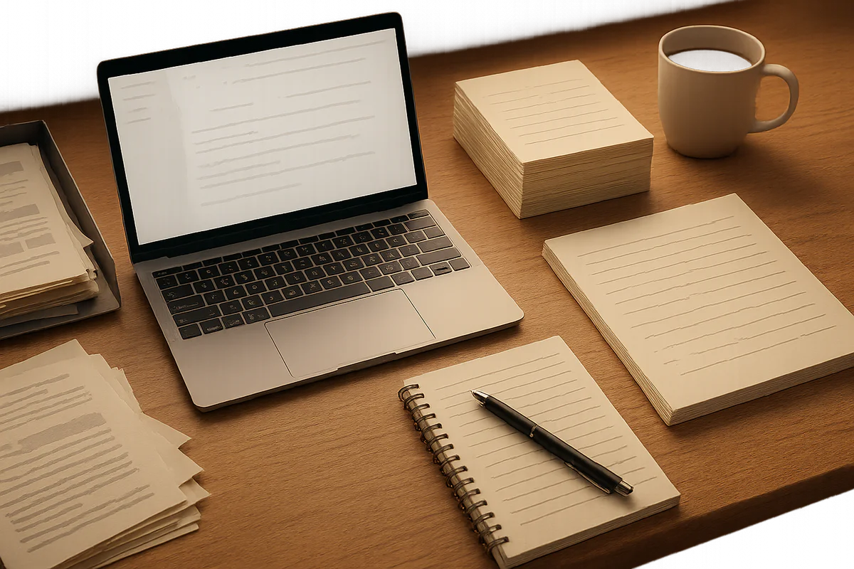 Professioneller Schreibtisch mit Laptop und Notizen