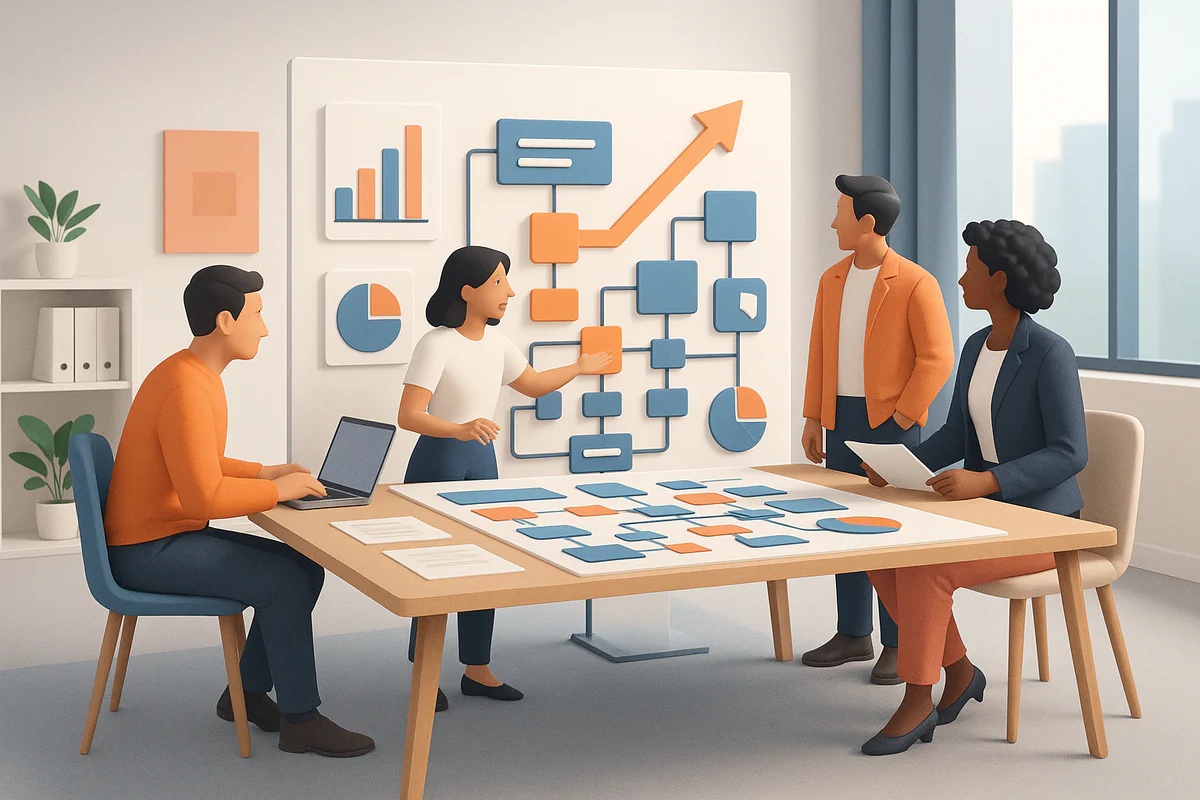 Team arbeitet an Marketingstrategie in modernem Büro