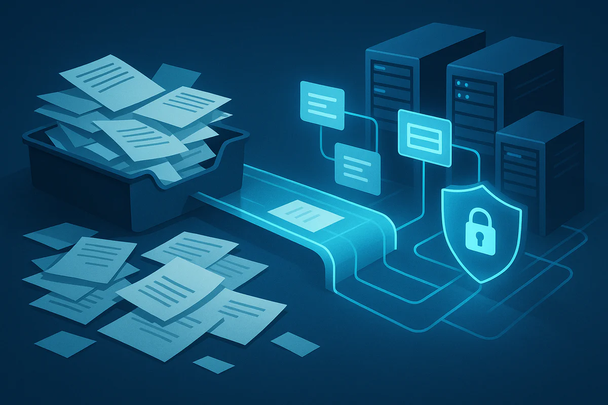 Abstrakte Illustration eines stabilen digitalen Workflows mit Servern und Sicherheits-Icons