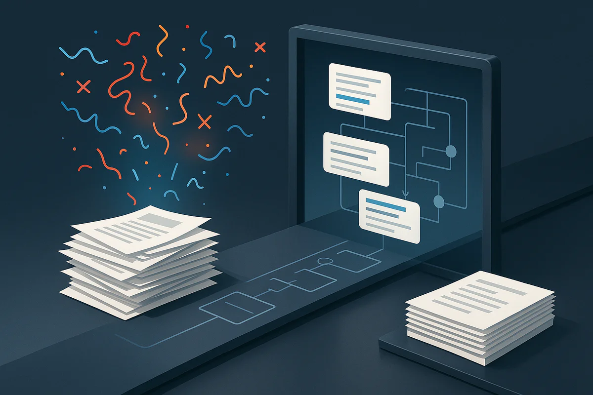 Abstrakte Visualisierung eines Workflow-Analysten, der Fehlerquellen strukturiert und priorisiert