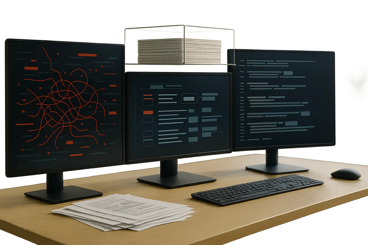 Symbolische Darstellung eines strukturierten Debugging-Prozesses mit geordneten Code- und Log-Elementen
